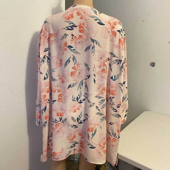 Sejour 3X Pink Sheer Floral Blouse Scoop Neck 3/4 Sleeve Church Work Teacher - Picture 9 of 10